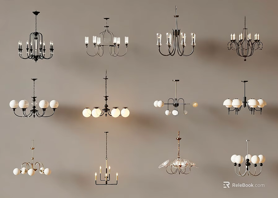 Chandeliers With Various Designs Including Candle Shaped And Round Bulb Styles 3d model 