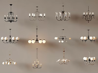 Chandeliers With Various Designs Including Candle Shaped And Round Bulb Styles 3d model