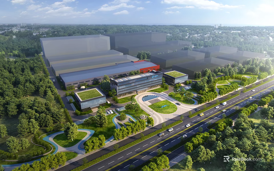 Modern Office Building Complex With Green Landscape Trees Parking And Road Access 3d model 