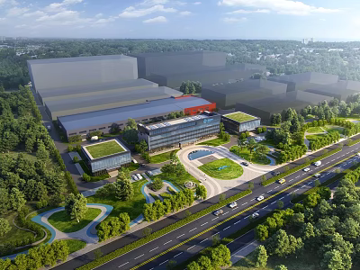 Modern Office Building Complex With Green Landscape Trees Parking And Road Access 3d model