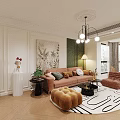 Modern Living And Dining Room Interior With Orange Sofa Dining Table Chandelier And Area Rug