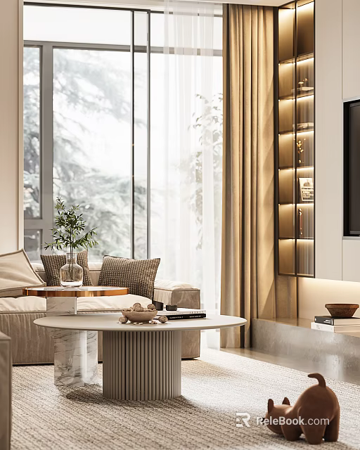 Modern Living Dining Room With Sofa Coffee Table Floor to Ceiling Windows and Green Plants 3d model 