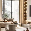 Modern Living Dining Room With Sofa Coffee Table Floor to Ceiling Windows and Green Plants