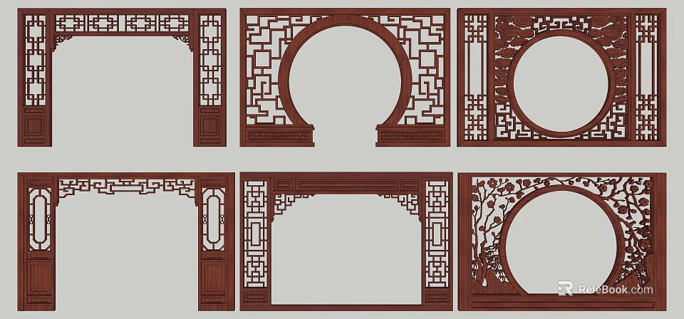 Traditional Chinese Wooden Door Arches With Intricate Carvings And Decorative Patterns 3d model 