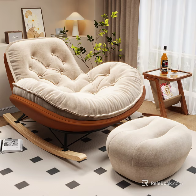 Beige Lazy Sofa With Wooden Frame And Matching Ottoman In Cozy Living Room 3d model 