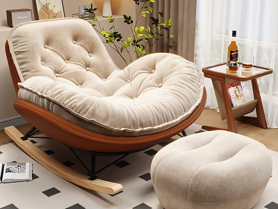 Beige Lazy Sofa With Wooden Frame And Matching Ottoman In Cozy Living Room 3d model