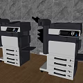 Modern Office Appliances Two Multifunction Printers On Wooden Floor With Grey Tile Wall