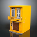 Yellow Two Story Model House With Brown Door White Shutters And Balcony