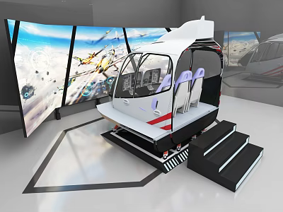 Helicopter Flight Simulator Cockpit With Large Screens And Training Steps 3d model