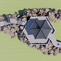 Traditional Chinese Pavilion On Rocky Mountain With Stone Steps And Blue Sky White Clouds