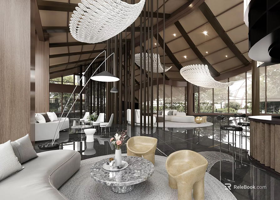 Modern Elegant Lounge Area Interior With Comfortable Sofas Unique Pendant Lights And Marble Coffee Tables 3d model