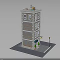 Multi Story Brick Building Model With Windows Entrance Green Plants And Street Lamp