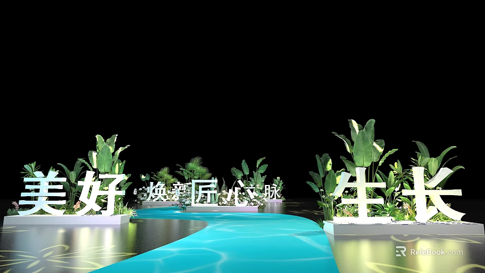 Three Dimensional Letters Display With Green Plants And Blue Water Path 3d model 