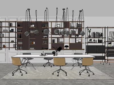 Modern Conference Table With Ergonomic Chairs Pendant Lights And Bookshelf Decor 3d model
