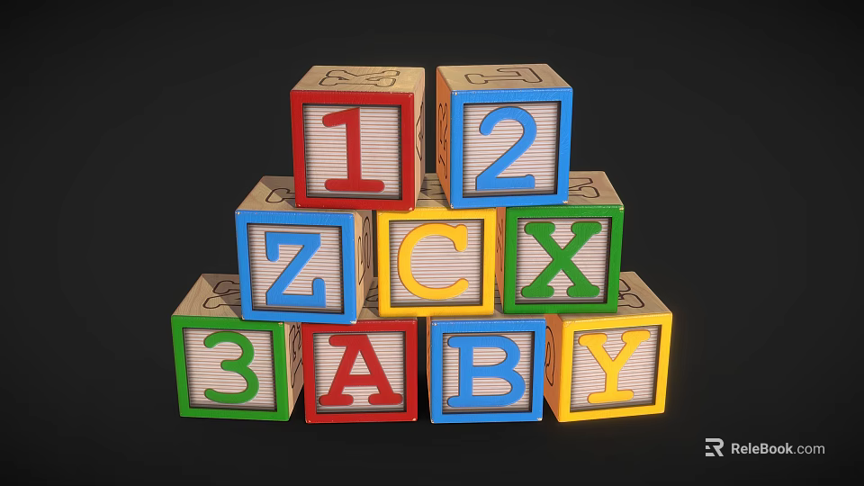 Colorful Wooden Building Blocks with Numbers and Letters Stacked in Pyramid Shape 3d model 