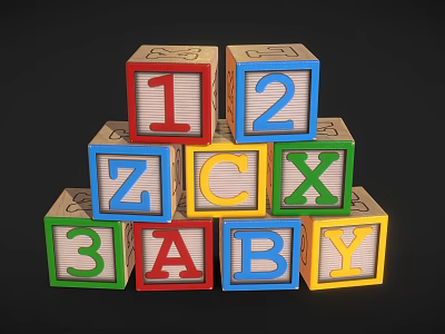 Colorful Wooden Building Blocks with Numbers and Letters Stacked in Pyramid Shape 3d model
