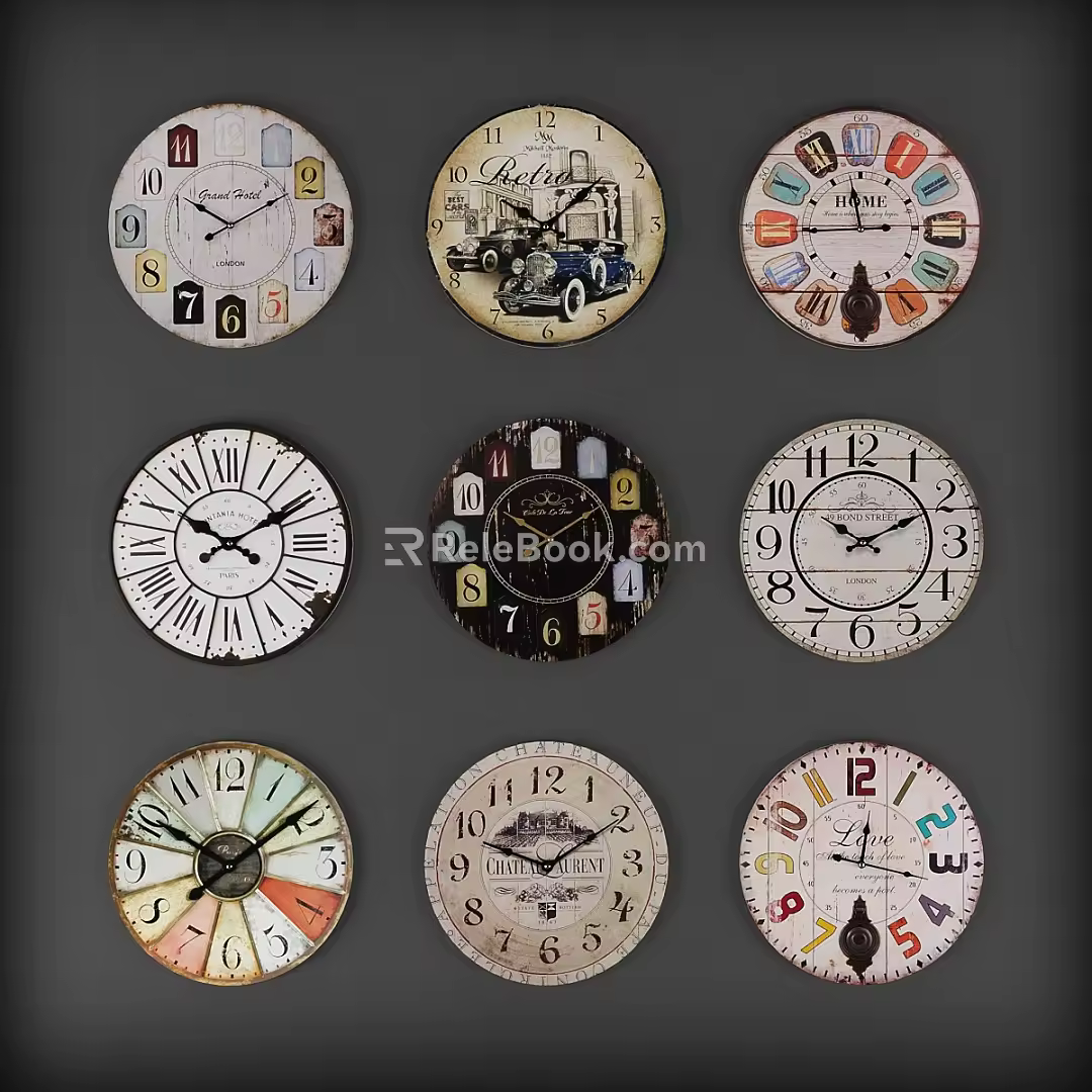 Clock combination clock pointer retro European old 3d model