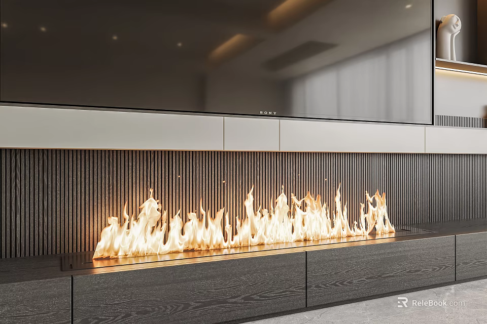Modern Linear Fireplace With Flames And Wooden Base In Contemporary Living Room Interior 3d model 