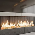 Modern Linear Fireplace With Flames And Wooden Base In Contemporary Living Room Interior