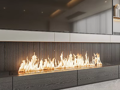 Modern Linear Fireplace With Flames And Wooden Base In Contemporary Living Room Interior 3d model