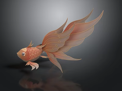 Golden Fish with Large Flowing Fins and Patterned Body on Dark Background with Reflection 3d model