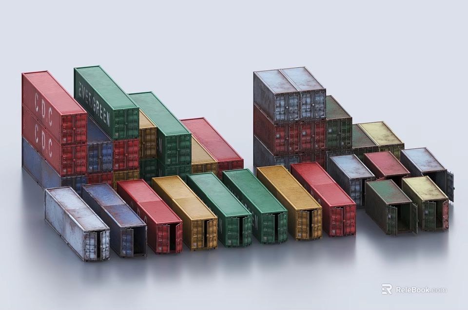 Heavy Duty Industrial Shipping Containers Stacked In Colorful Arrangement For Logistics 3d model 