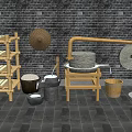 Rural Landscape Traditional Tools Display Featuring Stone Mill Bamboo Shelf and Straw Hat