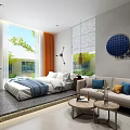 Modern Hotel Room Featuring Canopy Bed Natural Light Through Window And Wall Decor 3d model