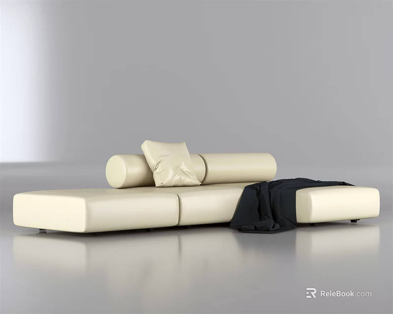 Modern Beige Sectional Sofa With Soft Pillows And Black Throw Blanket 3d model