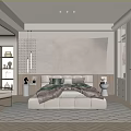Modern Bedroom Interior With Beige Bed Green Brown Bedding White Wardrobe Glass Doors Herringbone Rug