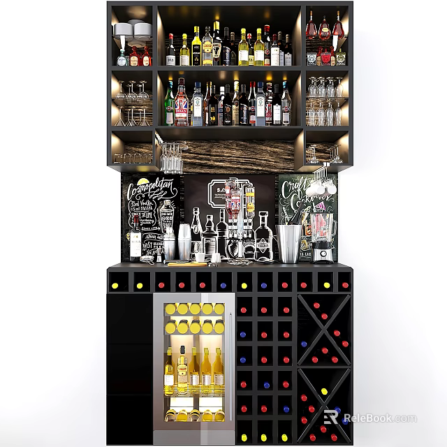 Modern Black Wine Cabinet Interior Design With Wine Bottles Glasses Bar Tools And Wine Racks 3d model 