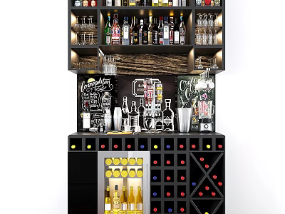 Modern Black Wine Cabinet Interior Design With Wine Bottles Glasses Bar Tools And Wine Racks 3d model