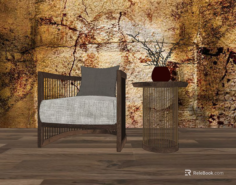 Modern Single Seater Sofa With Wooden Frame Side Table Red Vase Plants And Textured Wall 3d model 