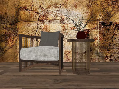 Modern Single Seater Sofa With Wooden Frame Side Table Red Vase Plants And Textured Wall 3d model