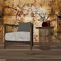 Modern Single Seater Sofa With Wooden Frame Side Table Red Vase Plants And Textured Wall