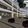 Bright Shopping Mall Atrium With Glass Skylight Wooden Chandelier Multi Level Shops And Seating Areas