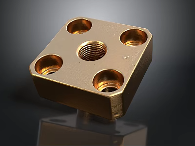 Brass Industrial Equipment Component Design With Central Threaded Hole And Four Holes 3d model