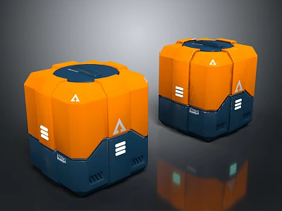 Orange and Blue Geometric Containers with Triangle Symbols Top Lids Blue Bases Reflective Green Parts 3d model