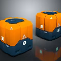 Orange and Blue Geometric Containers with Triangle Symbols Top Lids Blue Bases Reflective Green Parts