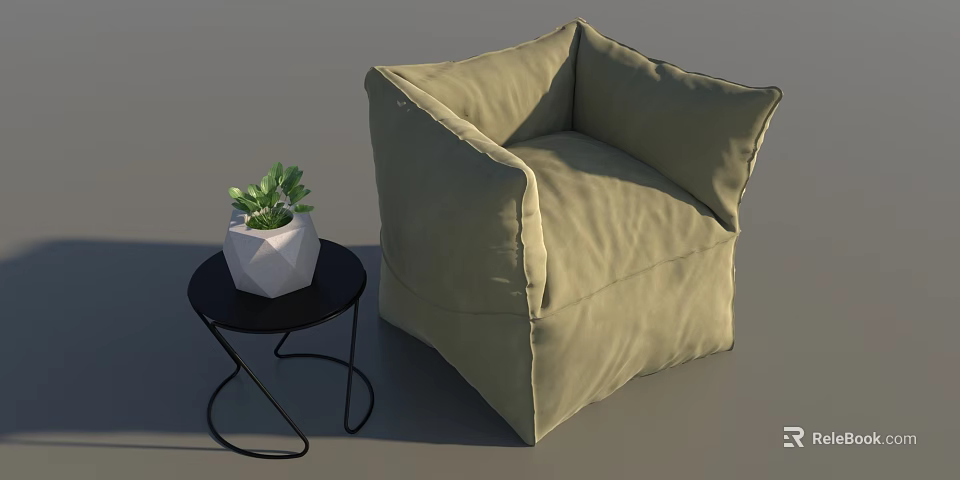 Beige Fabric Single Sofa With Small Side Table White Planter And Green Plant 3d model