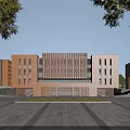 Modern Red Brick School Building With Main Facade Entrance Plaza And Surrounding Trees