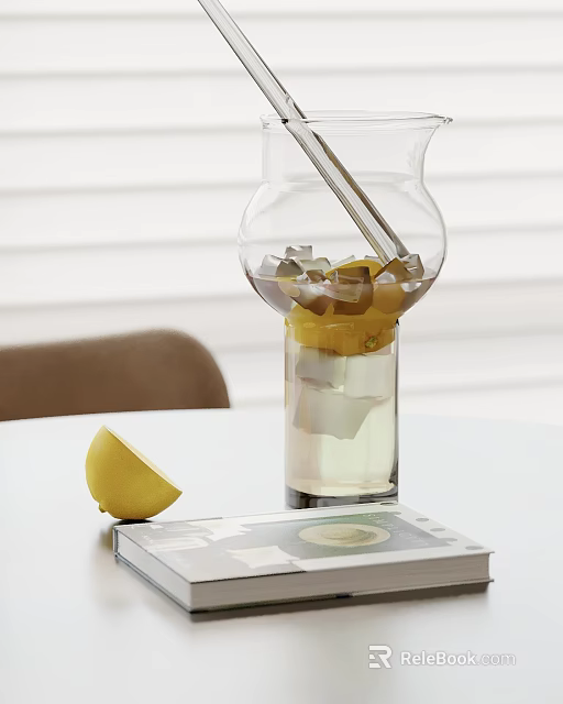 Transparent Glass Carafe With Lemon Slices Ice Cubes And Lemon Wedge On Book 3d model 