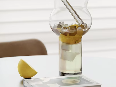 Transparent Glass Carafe With Lemon Slices Ice Cubes And Lemon Wedge On Book 3d model