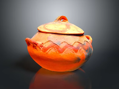 Orange Clay Pot With Lid Handles And Wavy Pattern For Home Daily Use 3d model