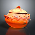 Orange Clay Pot With Lid Handles And Wavy Pattern For Home Daily Use