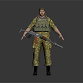 Military Soldier Wearing Camouflage Uniform With Tactical Vest And Rifle Standing