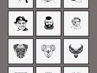 Black and White Portrait Drawings Featuring Human And Animal Head Illustrations 3d model