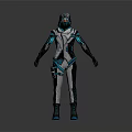 Futuristic Armored Sci Fi Character Wearing Blue And White Cybernetic Armor With Masked Helmet Design