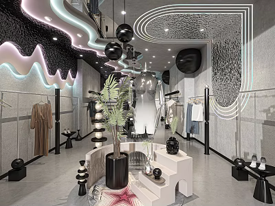 Elegant Modern Clothing Store Interior With Neon Lights Mirrors Display Racks Plants And Decorative Items 3d model
