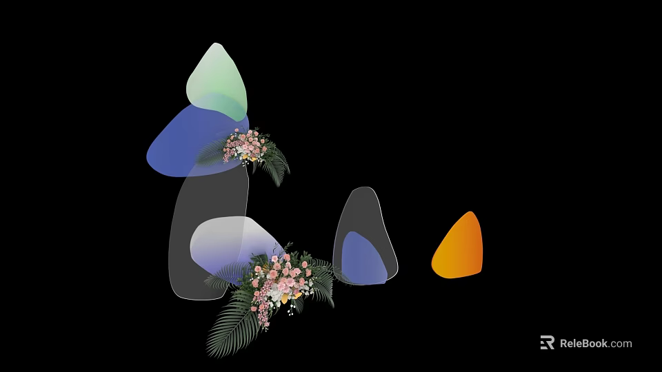 Colorful Geometric Shapes With Pink White Flowers And Green Leaves On Black Background 3d model 